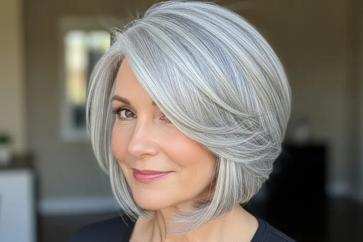 Mature lady with a sleek angled bob.