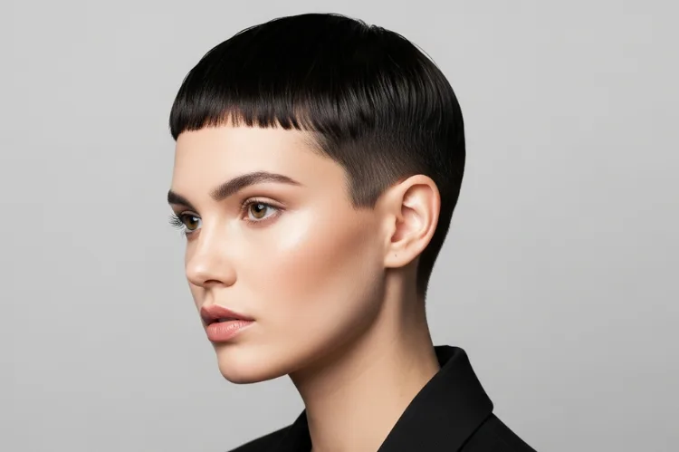 A woman with very short minimalist pixie hair.