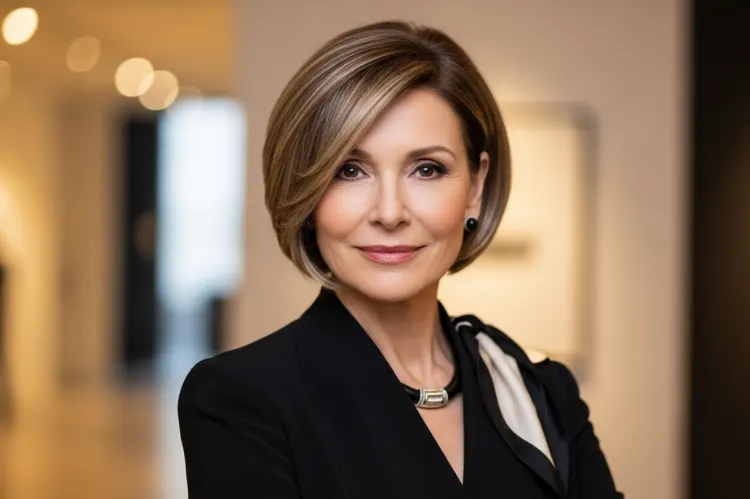Elegant older woman with a precisely graduated bob.