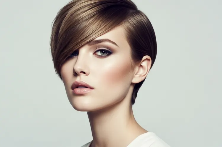 A woman with a side-swept pixie cut featuring.