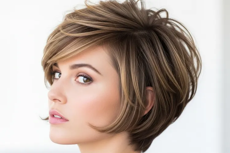 A woman with stacked pixie bob haircut.
