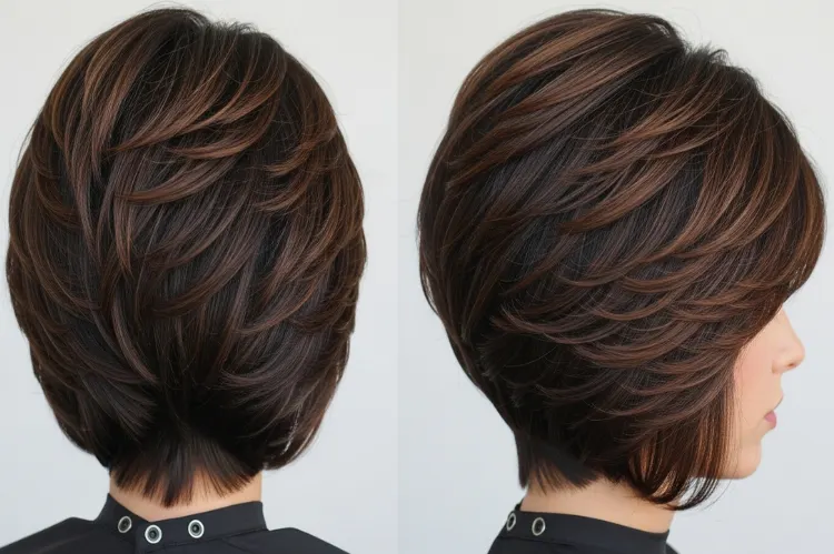 A high-volume stacked bob with precise layering at the back.
