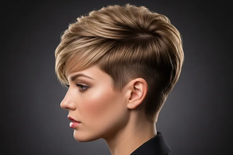 A woman with a tapered pixie cut featuring graduated volume.