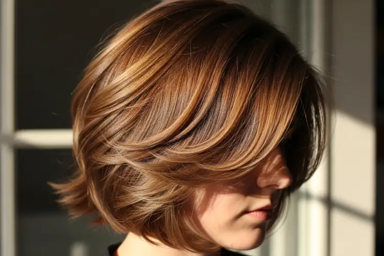 A rounded, curved bob cut using circular motion techniques.