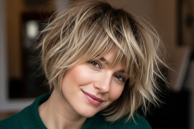 A woman with a shaggy pixie cut featuring choppy layers.