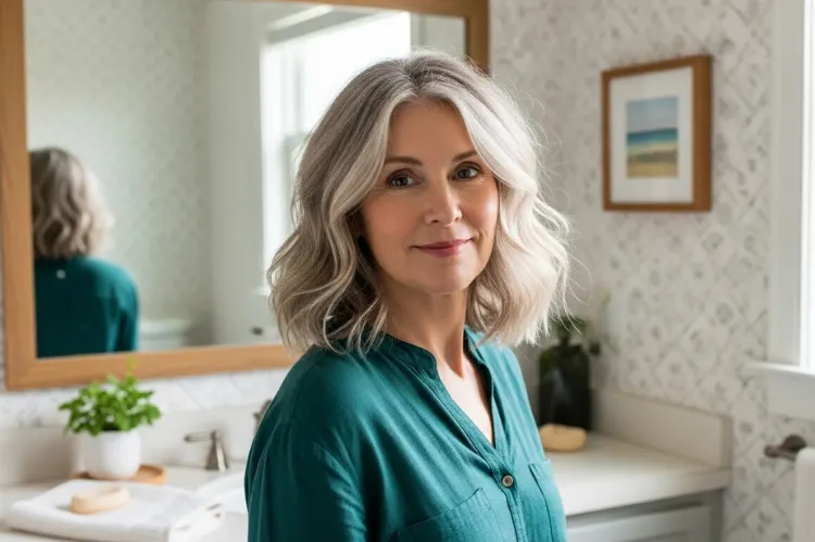 A stylish woman in her 60s with shoulder-length textured layers.