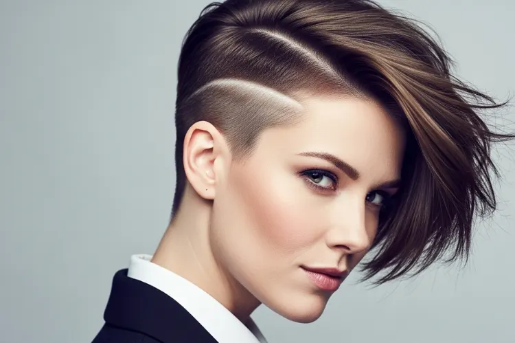 A woman with an undercut pixie featuring shaved sides or nape.