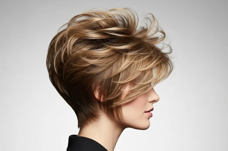 A woman with a pixie cut that builds height at the crown through strategic layering.
