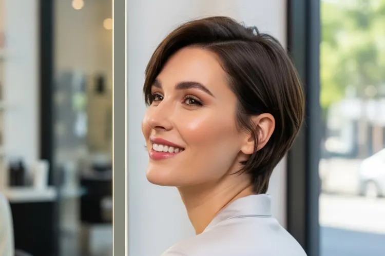 A smiling woman with fine short hair in a stylish pixie bob haircut.
