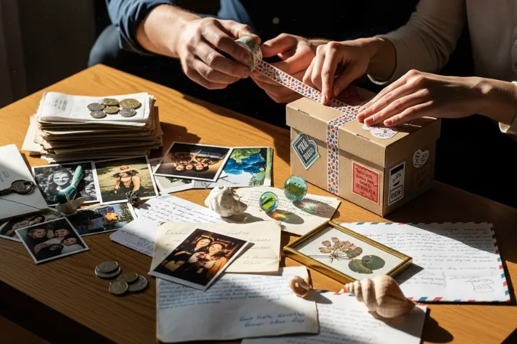 A coffee table filled with keepsakes: old receipts, printed photos.