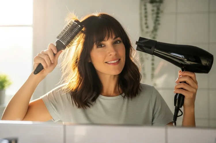 A woman styling her medium-length hair with bangs in front of a mirror using only a brush and hairdryer.