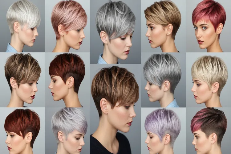Collage of diverse short pixie bob hairstyles for fine hair, different textures.