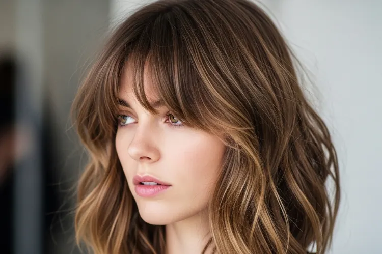 Medium-length tousled waves with soft bangs blending seamlessly into the texture.