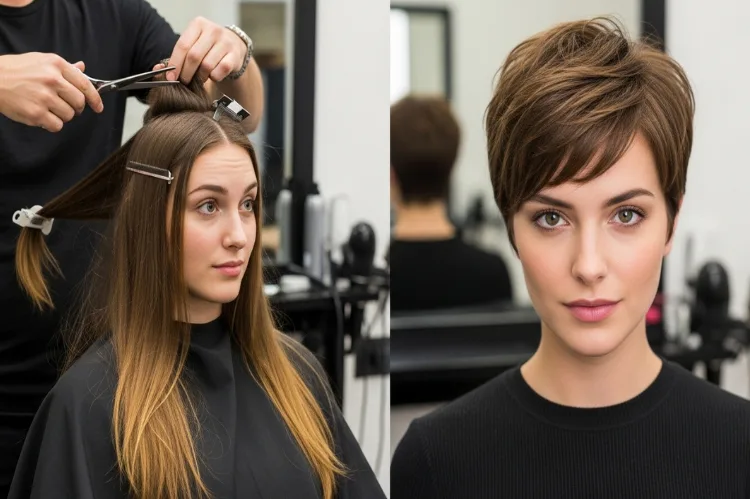 Before and after of woman cutting long hair into pixie bob, action shot in salon.