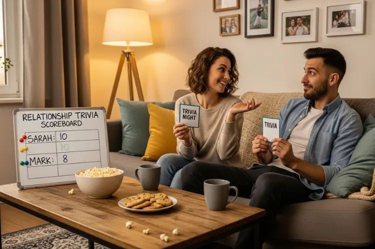 A warm living room scene with a couple sitting on the couch.