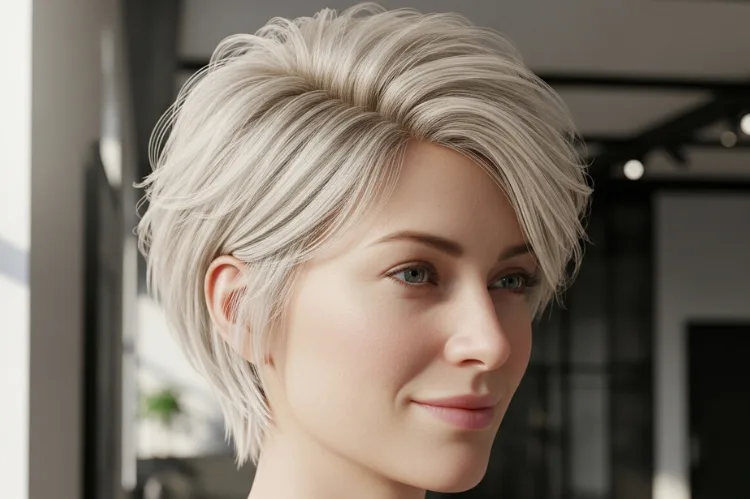 A woman with ultra-fine blonde pixie hair styled with texture.