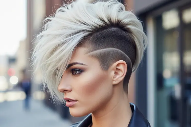 Undercut pixie bob with shaved sides and long textured top, bold edgy style.