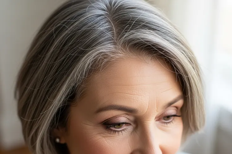 A close-up macro beauty shot of fine, aging silver hair strands under soft studio lighting, highlighting thinning texture