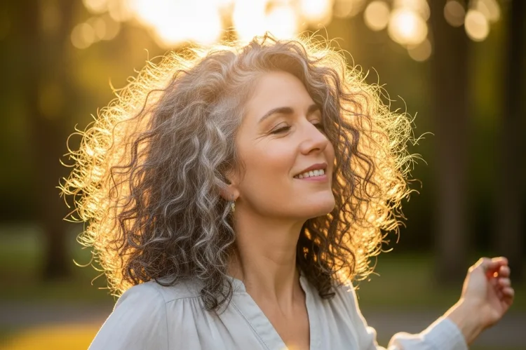 Woman with gray curls bouncing freely.