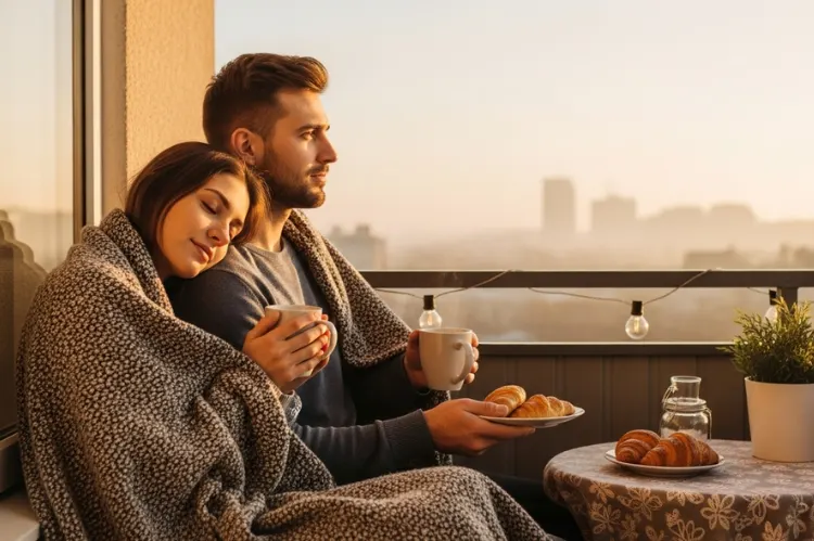 A couple watching a sunrise from a balcony or window.