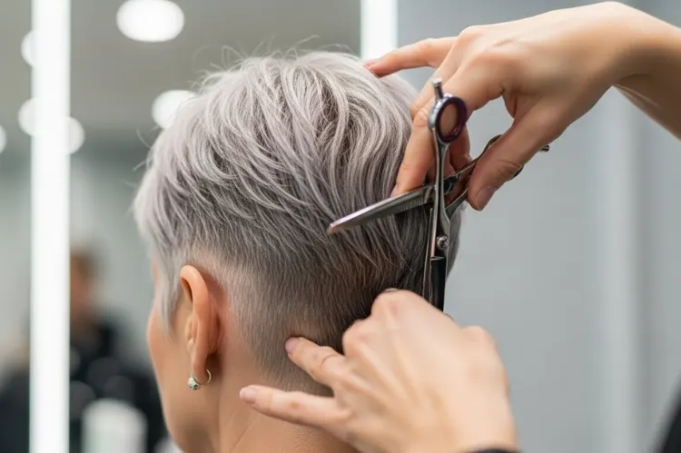 A hair stylist gently shaping a mature woman’s pixie haircut in a salon.
