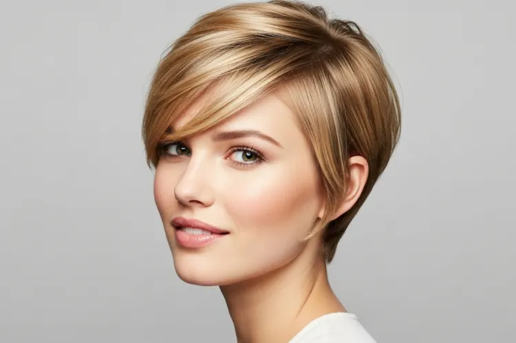 oman with fine hair in a short pixie bob haircut casual pose.