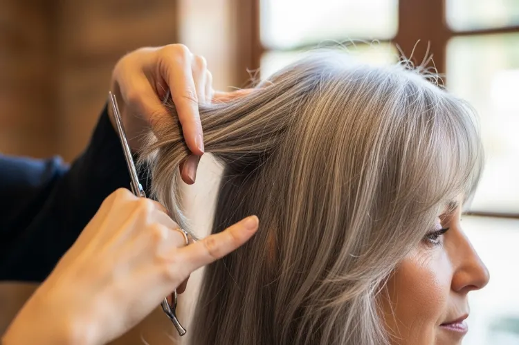 A close-up of a hairstylist cutting a mature woman’s hair.