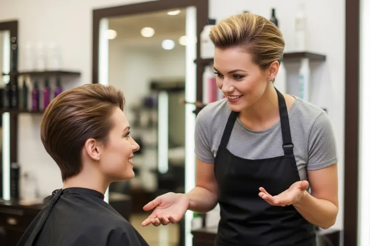 A hairstylist consulting with a woman about her short haircut.