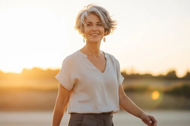 A vibrant woman in her 60s with a chic pixie cut walking outdoors confidently.