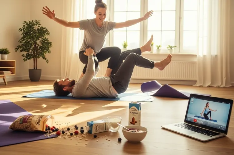 A couple attempting impossible couples yoga poses and falling over.