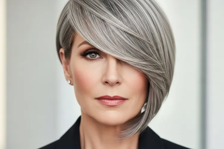 A woman over 50 with asymmetrical bob haircut, one side longer, diagonal-cut.