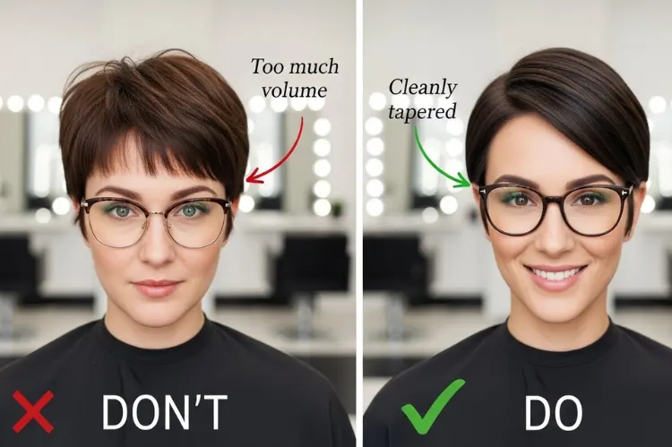 Generate an educational visual showing do’s and don’ts of pixie haircuts for women with glasses.