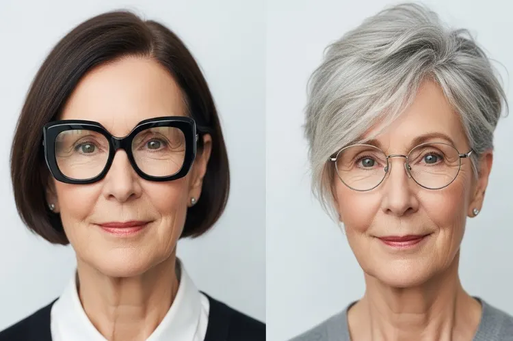 Show an older woman wearing stylish glasses paired with a neat.
