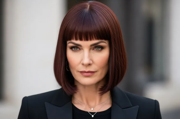 A bold mature woman with a blunt shoulder-length bob and ultra-short micro bangs, sleek straight hair