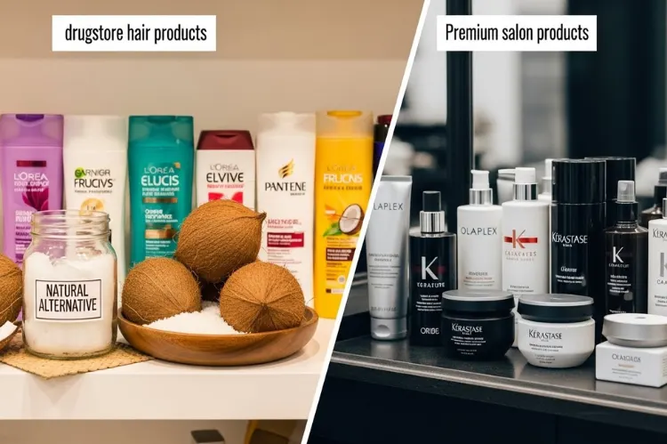 A split-scene image showing affordable drugstore hair products on one side and premium.