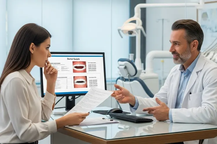 Patient reviewing dental quotes with concern while dentist explains quality differences.
