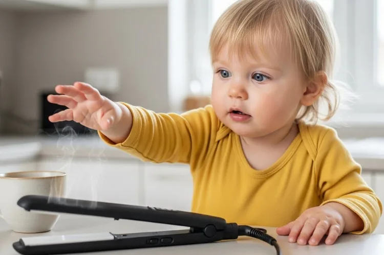 Realistic scene showing a toddler reaching toward a still-hot hair straightener left on a counter.