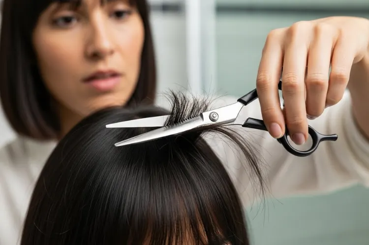 A close-up image of hands holding professional fringe scissors trimming soft wispy bangs.