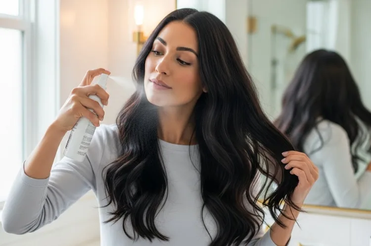 A woman applying heat protectant spray.