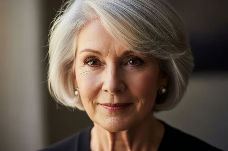 Create an elegant portrait of an older woman with a feathered pixie cut.