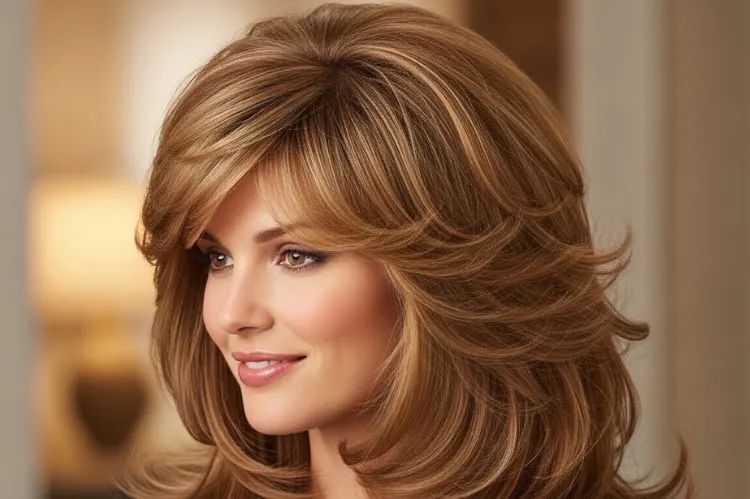woman with long feathered layered hair and side-swept bangs, fine hair styled for volume.
