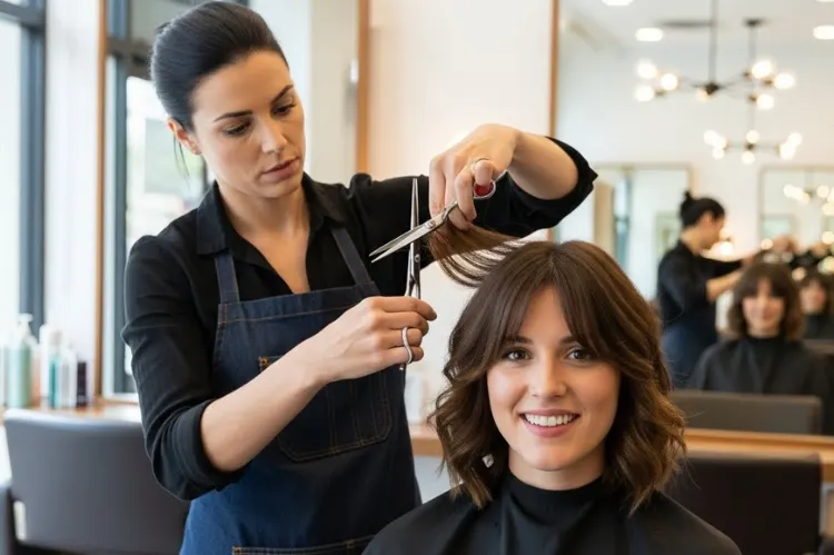 A professional hairstylist carefully cutting short layered hair with bangs while the client.