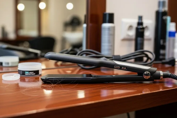 Realistic close-up scene of a hair straightener on a saloon counter.