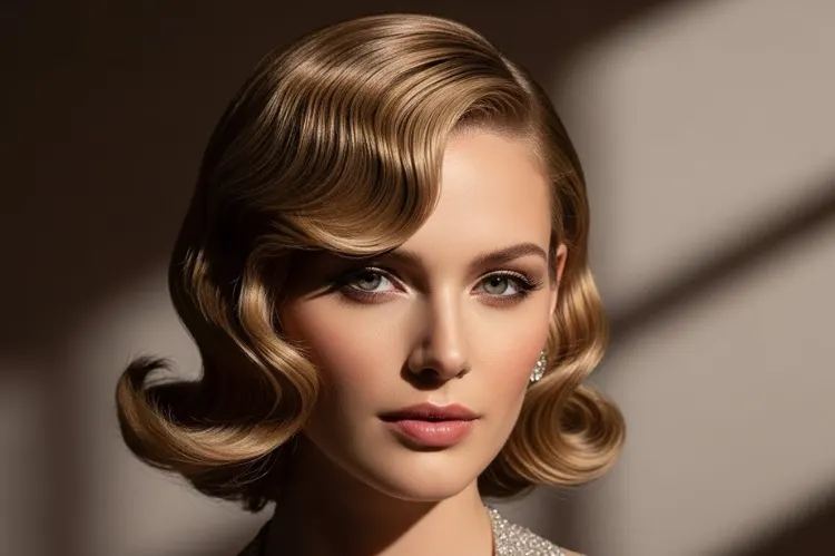 A glamorous mature woman with long Hollywood waves and dramatic side-swept bangs.