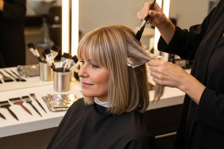 A mature woman with highlighted shoulder-length hair and bangs sitting.