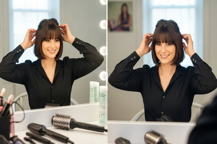 A step-by-step beauty-visual layout showing a mature woman styling.