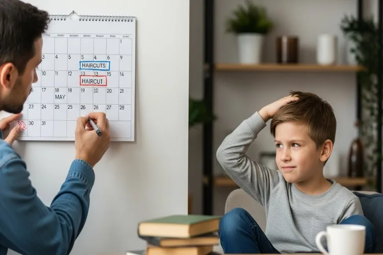 Parent marking haircut dates on a calendar while a boy sits nearby touching his hair.