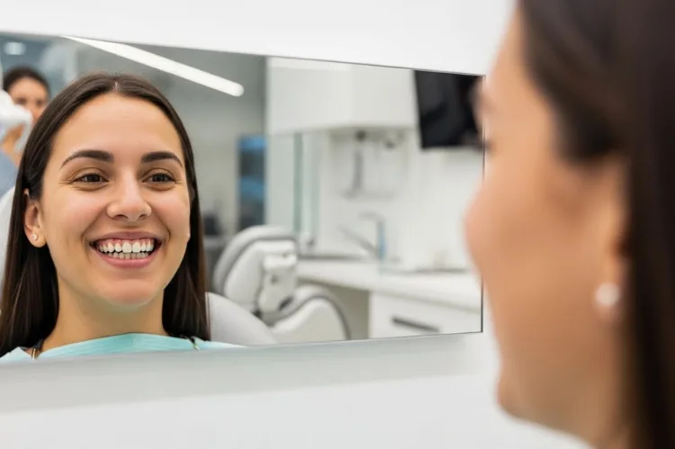 Patient wearing temporary veneers and smiling in mirror, modern dental clinic.