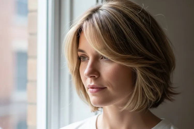 A woman with short layered hair and side bangs showing freshly colored hair with subtle highlights.