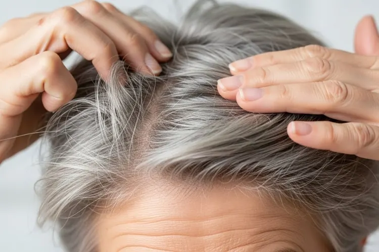 Show a close-up of an older woman refreshing her pixie cut using dry shampoo and fingertips.